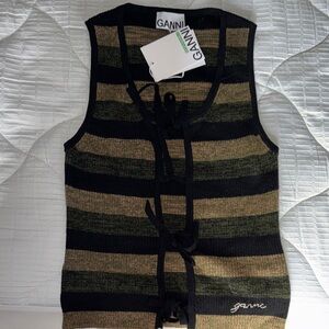 Ganni Black and Gold Striped Top